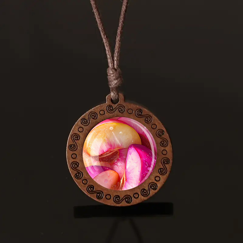 Vintage Peach Wood Pendant Necklace, Bohemian Style